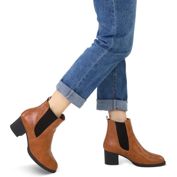 Women's Brown Chelsea Boots Chunky Block Heel Slip On Ankle Boots with Elastic - Picture 2 of 8